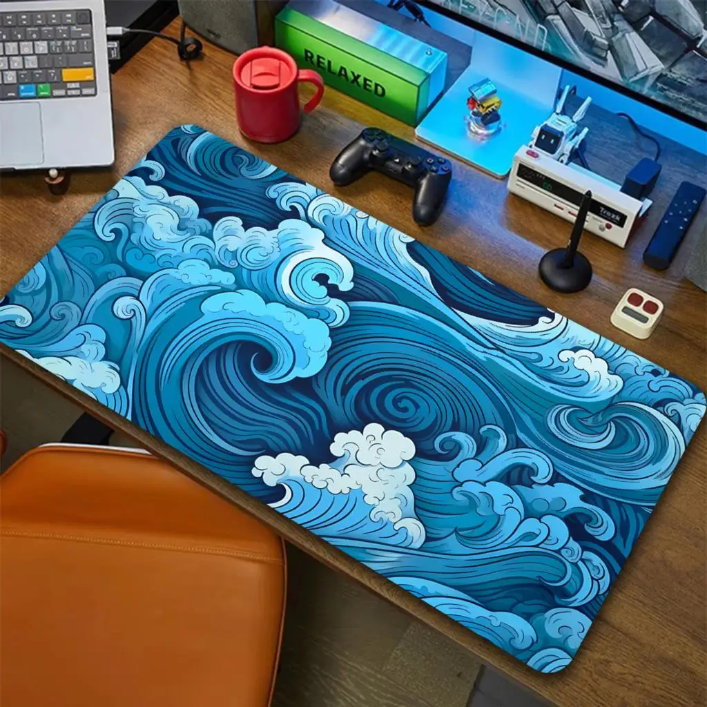 Office Desk Tech Accessories - Japanese Blue Waves Mouse Pad Desk